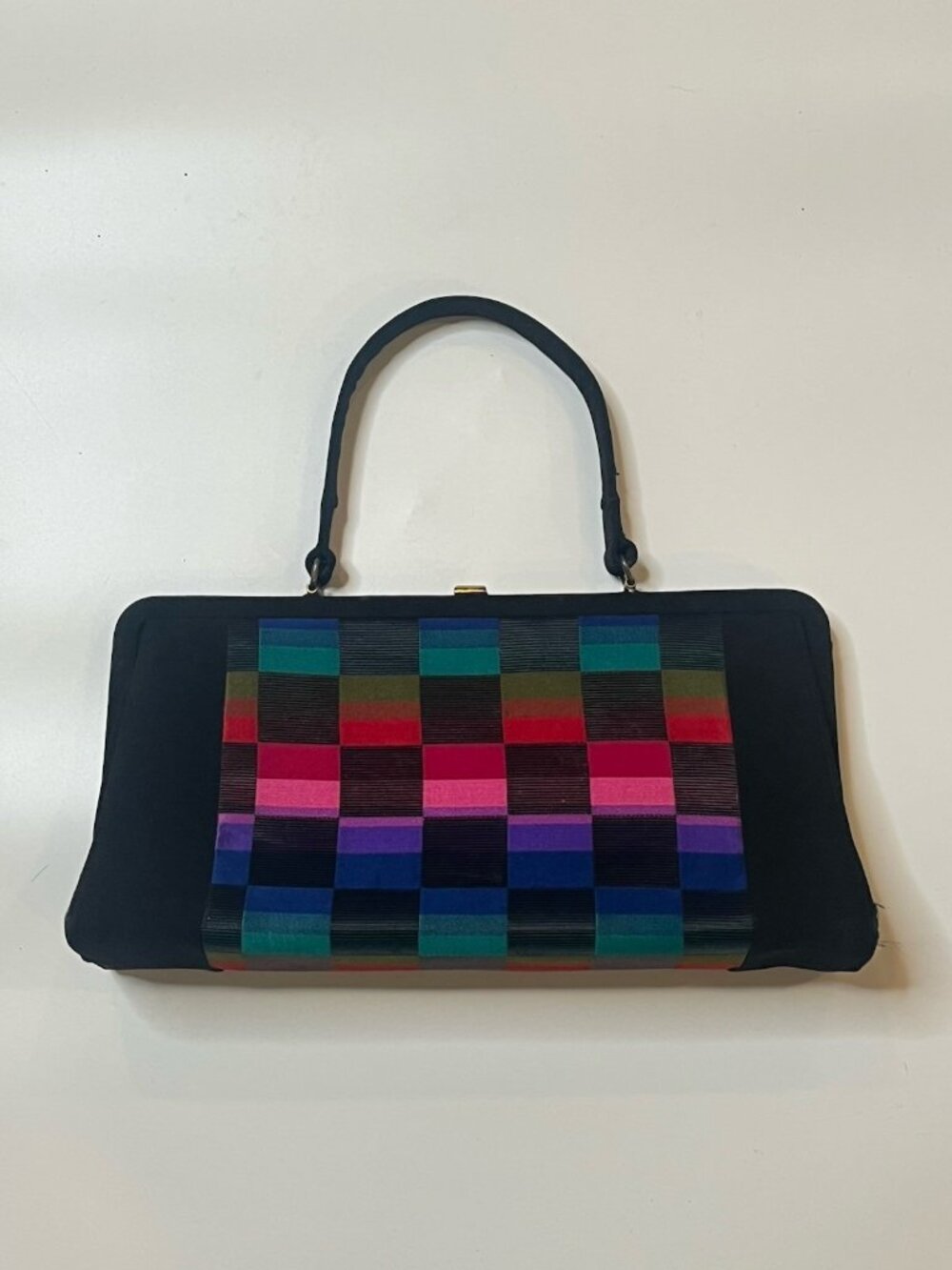 Vtg Pretty Black Geometric Ribbon Woven Top Handle Kiss Lock Evening Handbag